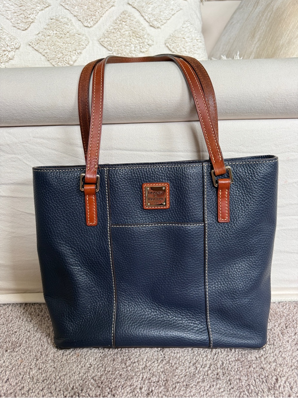 Dooney & Bourke Lexington small Navy Pebbled grain Leather Tote w Brown Handles